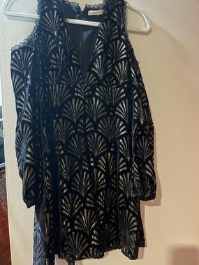 Alice + Olivia Black Lace Velvet Fan-Print Dress with Gold Accents